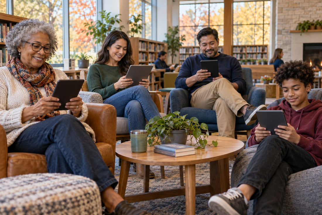 Readers of different ages enjoying eBooks together in a warm public library