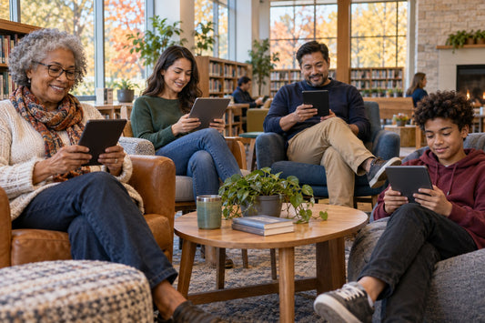 Readers of different ages enjoying eBooks together in a warm public library