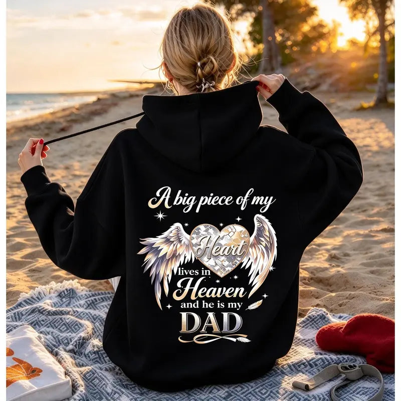 A Big Piece Of My Heart Lives In Heaven Memorial Back Print Hoodie – In Loving Memory Graphic Pullover, Angel Wing Remembrance Sweatshirt, Unisex Heavy Blend