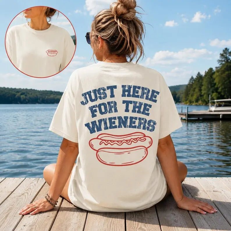 Comfort Colors® "Just Here For The Wieners" T-Shirt – Funny Grill Master Hot Dog Graphic Tee, Retro Aesthetic Sarcastic 4th of July BBQ Party Top