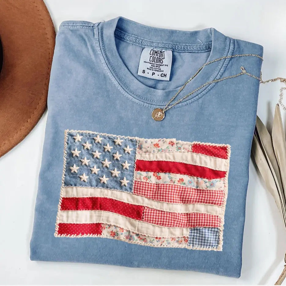 Comfort Colors® Retro American Flag T-Shirt – Faux Patchwork USA Graphic Tee, Vintage Patriotic 4th of July Shirt, Aesthetic Independence Day Top