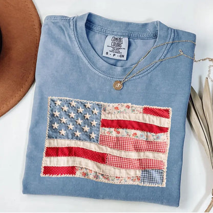 Comfort Colors® Retro American Flag T-Shirt – Faux Patchwork USA Graphic Tee, Vintage Patriotic 4th of July Shirt, Aesthetic Independence Day Top