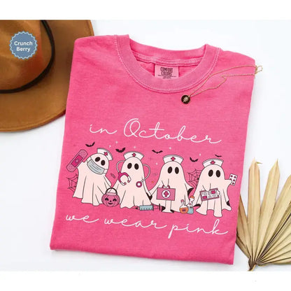 Comfort Colors® In October We Wear Pink Ghost Nurse T-Shirt – Oncology Nurse Halloween Graphic Tee, Pink Ribbon Breast Cancer Awareness Unisex Top & Gift