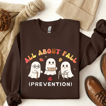 All About Fall Prevention Ghost Sweatshirt | Funny Nurse & PT Halloween Crewneck
