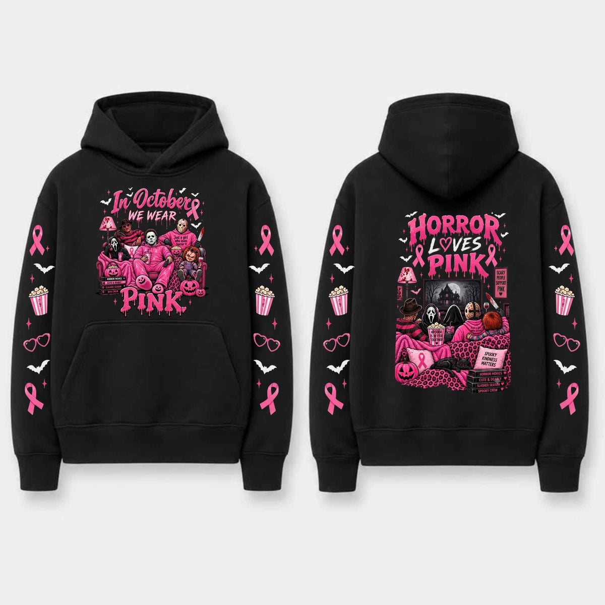 Unisex Pink Breast Cancer Awareness Horror Print Hoodie – Scary Movie Character Graphic Pullover, Halloween Pink Ribbon Support Sweatshirt