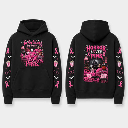 Unisex Pink Breast Cancer Awareness Horror Print Hoodie – Scary Movie Character Graphic Pullover, Halloween Pink Ribbon Support Sweatshirt