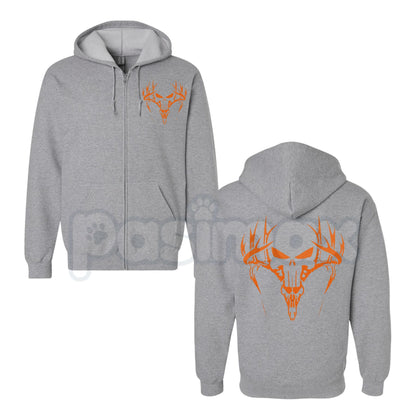 Orange Deer Antler Skull Hunting Graphic Zip-Up Hoodie – Blaze Orange Outdoorsman Outerwear, Wildlife Camo Style Sweatshirt