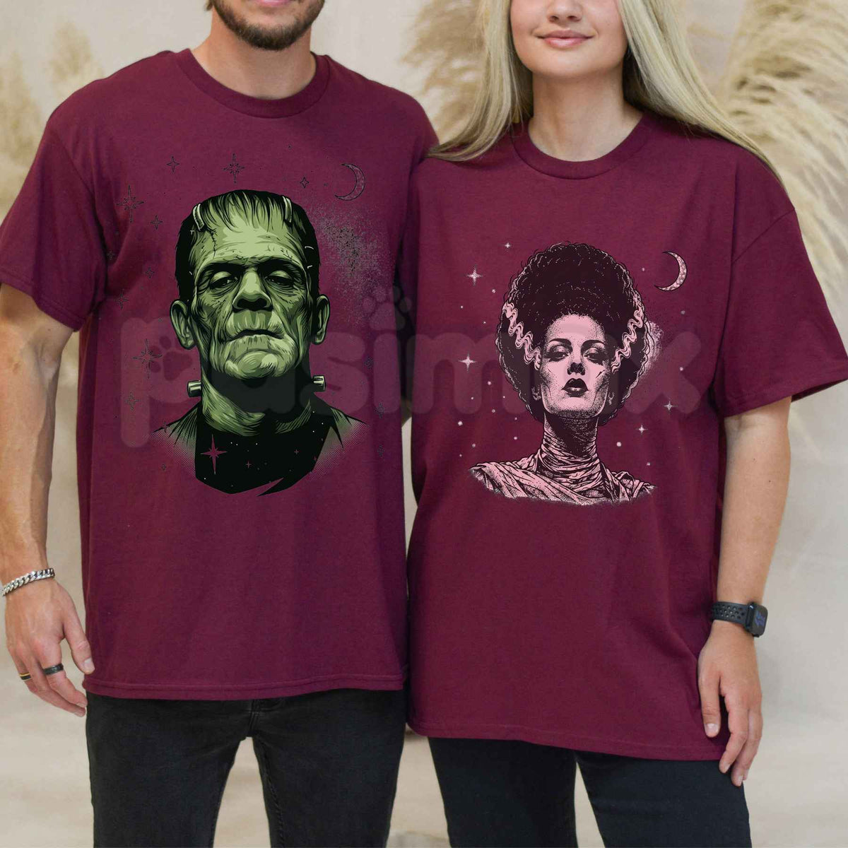 Retro Spooky Celestial Frankenstein Bride Couple T-Shirt – Halloween Gothic Unisex Tee
