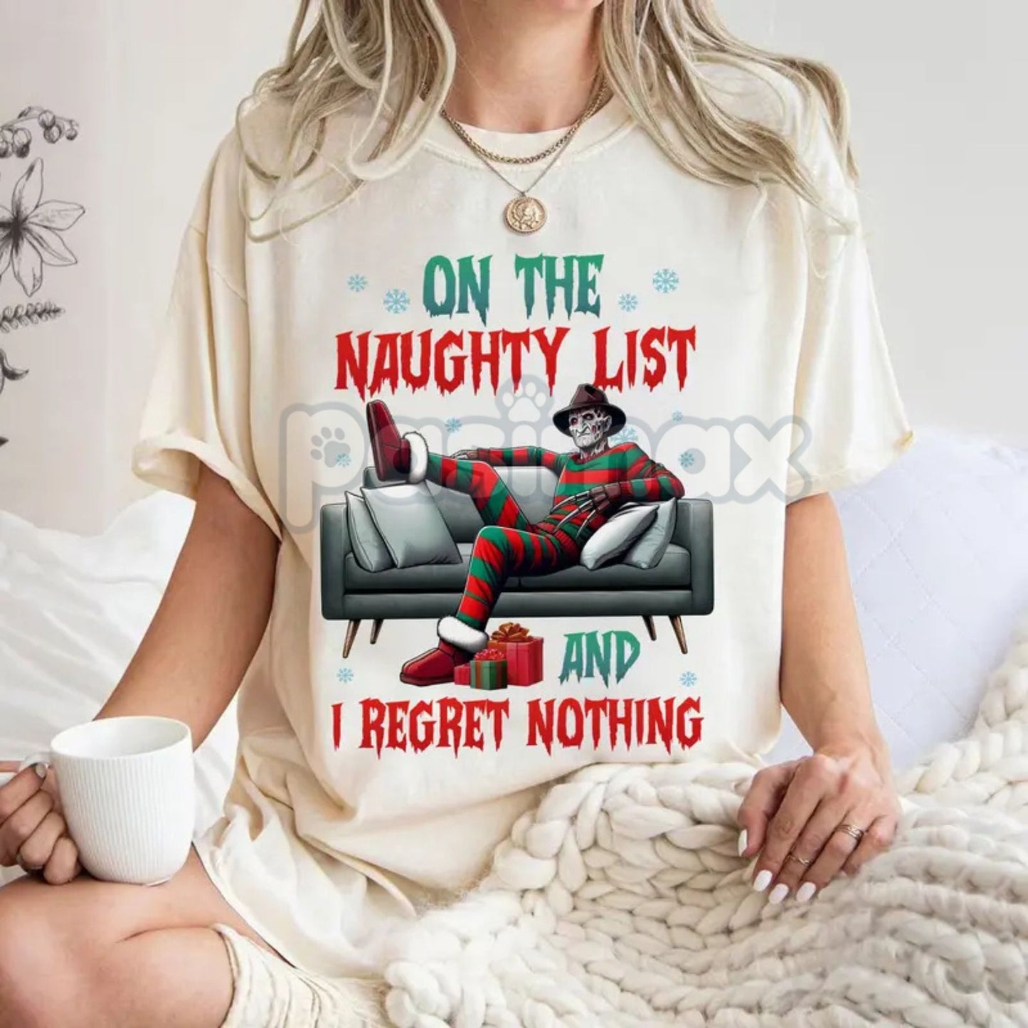 "On The Naughty List And I Regret Nothing" Christmas Shirt - Christmas Halloween Characters Tee, Team Naughty