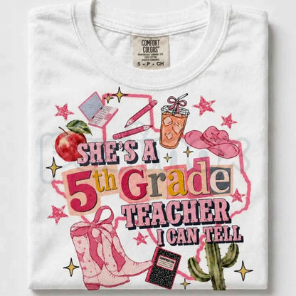 Comfort Colors® "She's A Teacher, I Can Tell" & "Teacher Ellas Fellas" Graphic T-Shirts – Retro Funny Educator Tees, Cute Back-to-School Teacher Gift Bundle, Whimsical Classroom Spirit Unisex Tops