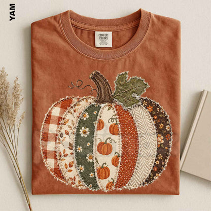 Comfort Colors® Faux Patchwork Fall Pumpkin T-Shirt – Checkered Autumn Thanksgiving Graphic Crewneck, Cute Holiday Top & Gift