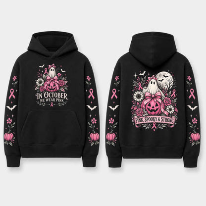 Unisex Pink Breast Cancer Awareness Horror Print Hoodie – Scary Movie Character Graphic Pullover, Halloween Pink Ribbon Support Sweatshirt