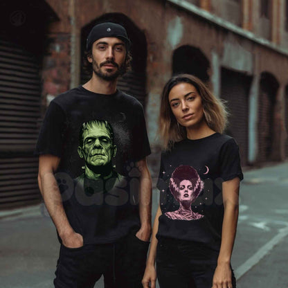 Retro Spooky Celestial Frankenstein Bride Couple T-Shirt – Halloween Gothic Unisex Tee