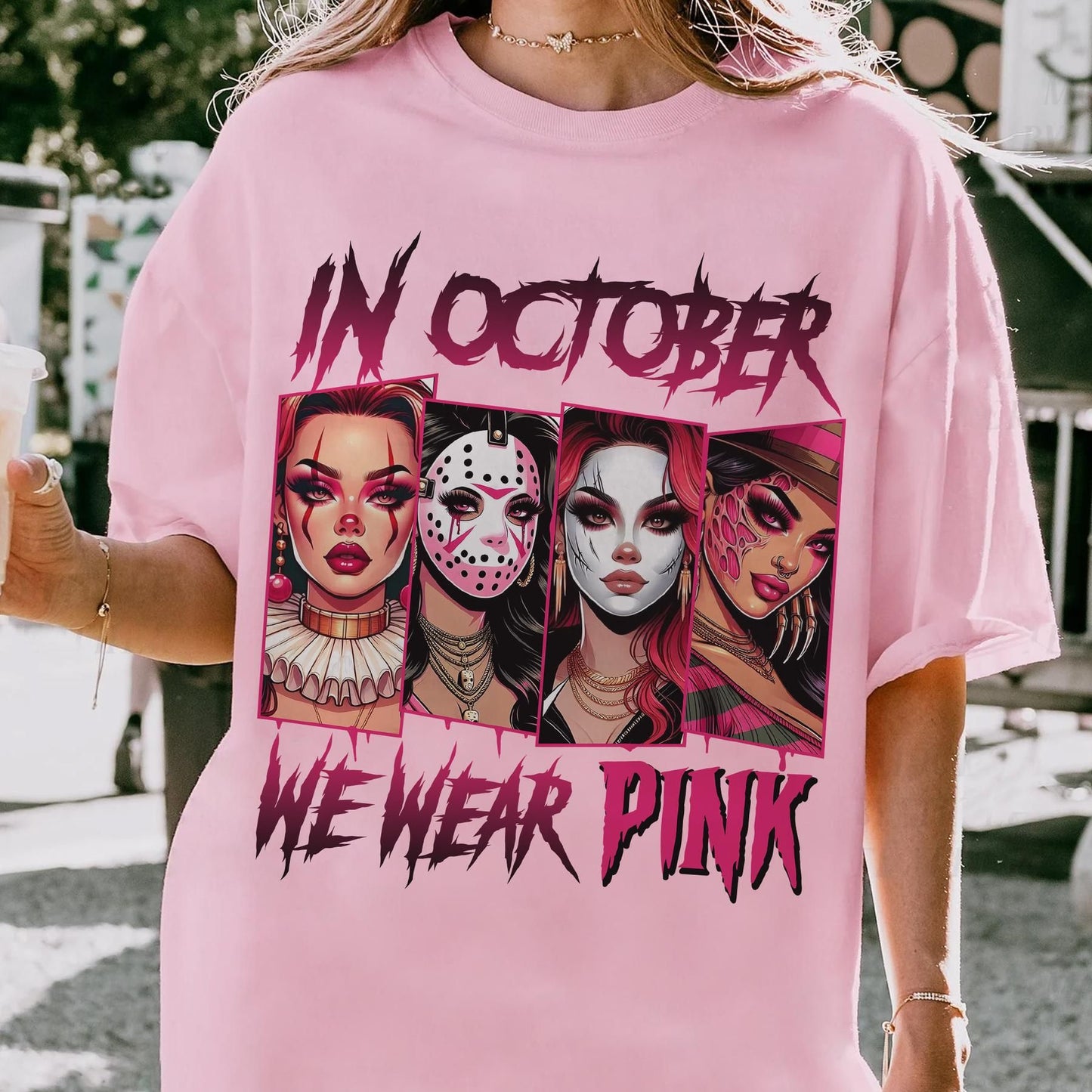 "In October We Wear Pink" Horror T-Shirt - Halloween Breast Cancer Awareness Tee, Cancer Survivor Support Squad Shirt
