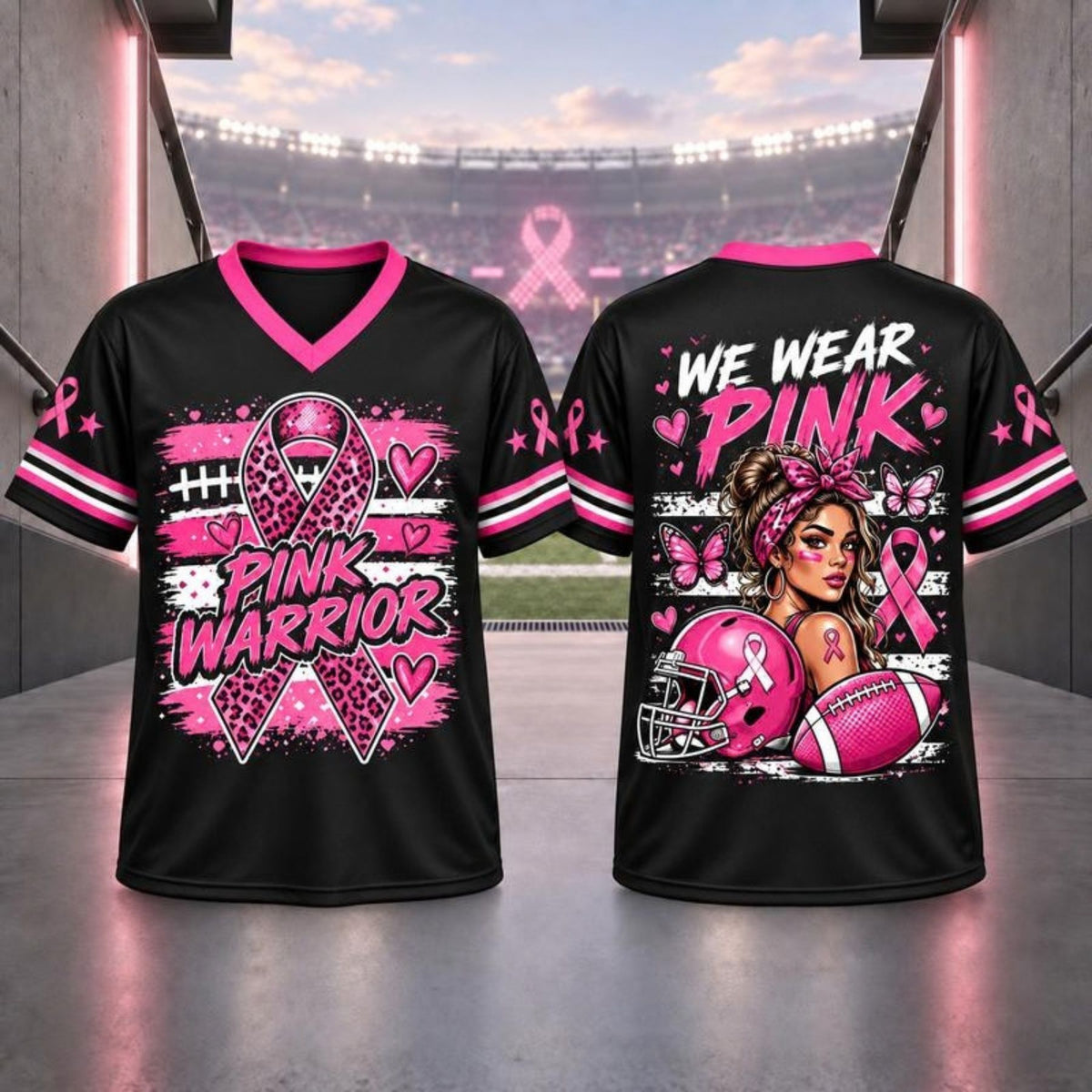 Pink Ribbon Breast Cancer Awareness V-Neck Football T-Shirt – Hope & Support Athletic Graphic Tee