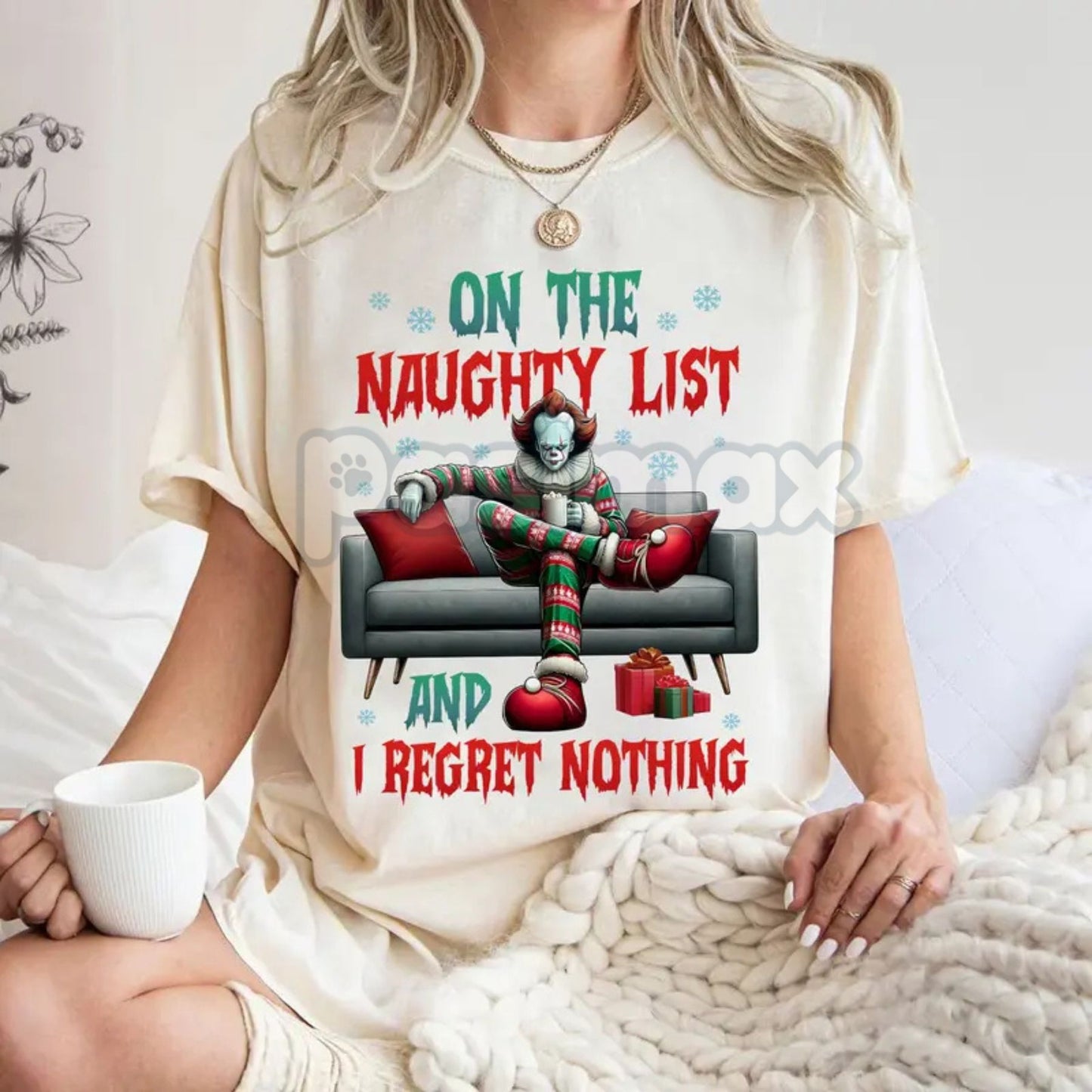"On The Naughty List And I Regret Nothing" Christmas Shirt - Christmas Halloween Characters Tee, Team Naughty