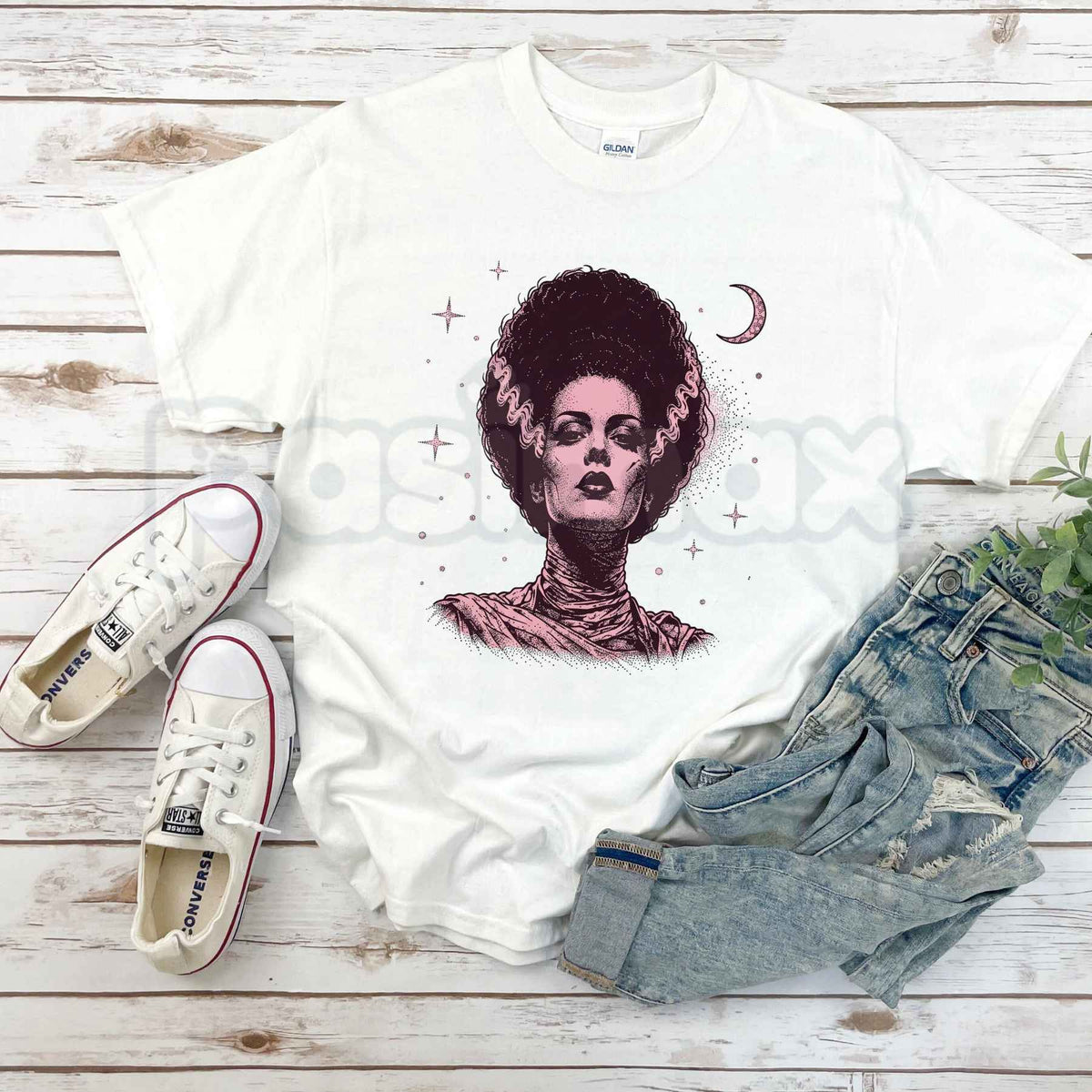 Retro Spooky Celestial Frankenstein Bride Couple T-Shirt – Halloween Gothic Unisex Tee