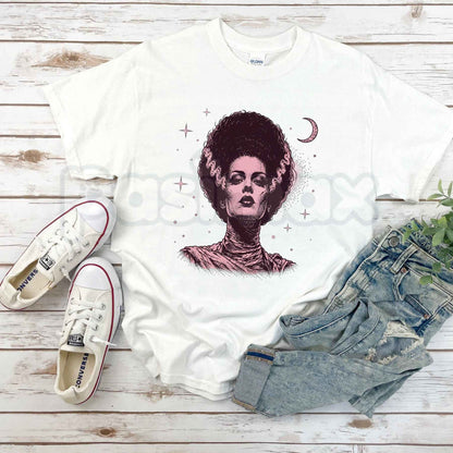 Retro Spooky Celestial Frankenstein Bride Couple T-Shirt – Halloween Gothic Unisex Tee