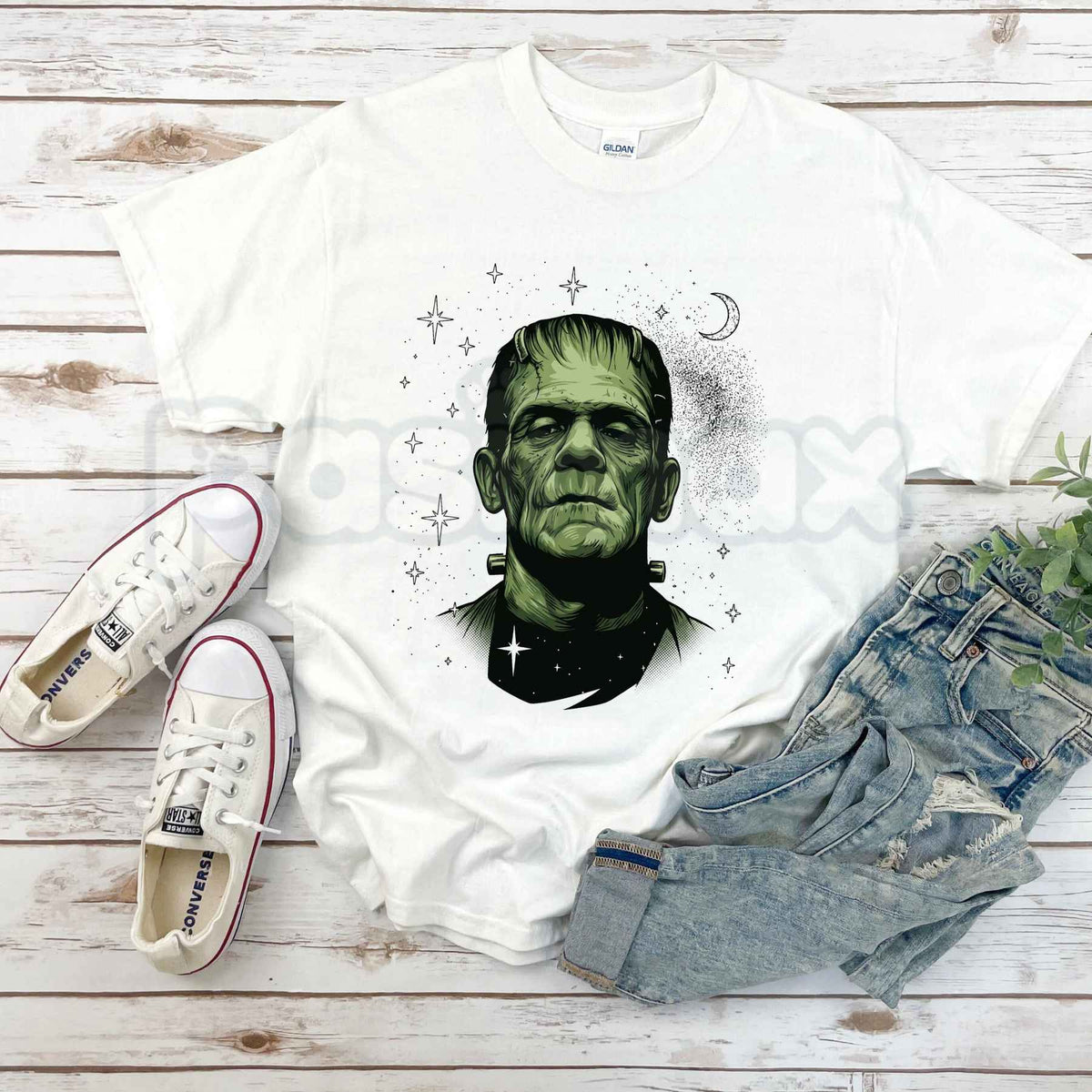 Retro Spooky Celestial Frankenstein Bride Couple T-Shirt – Halloween Gothic Unisex Tee