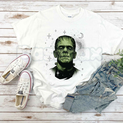 Retro Spooky Celestial Frankenstein Bride Couple T-Shirt – Halloween Gothic Unisex Tee