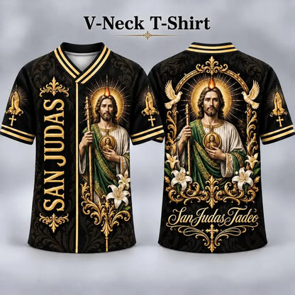(Pre Order) San Judas Tadeo V-Neck T-Shirt & Baseball Jersey – Religious St. Jude Thaddeus Faith Shirt