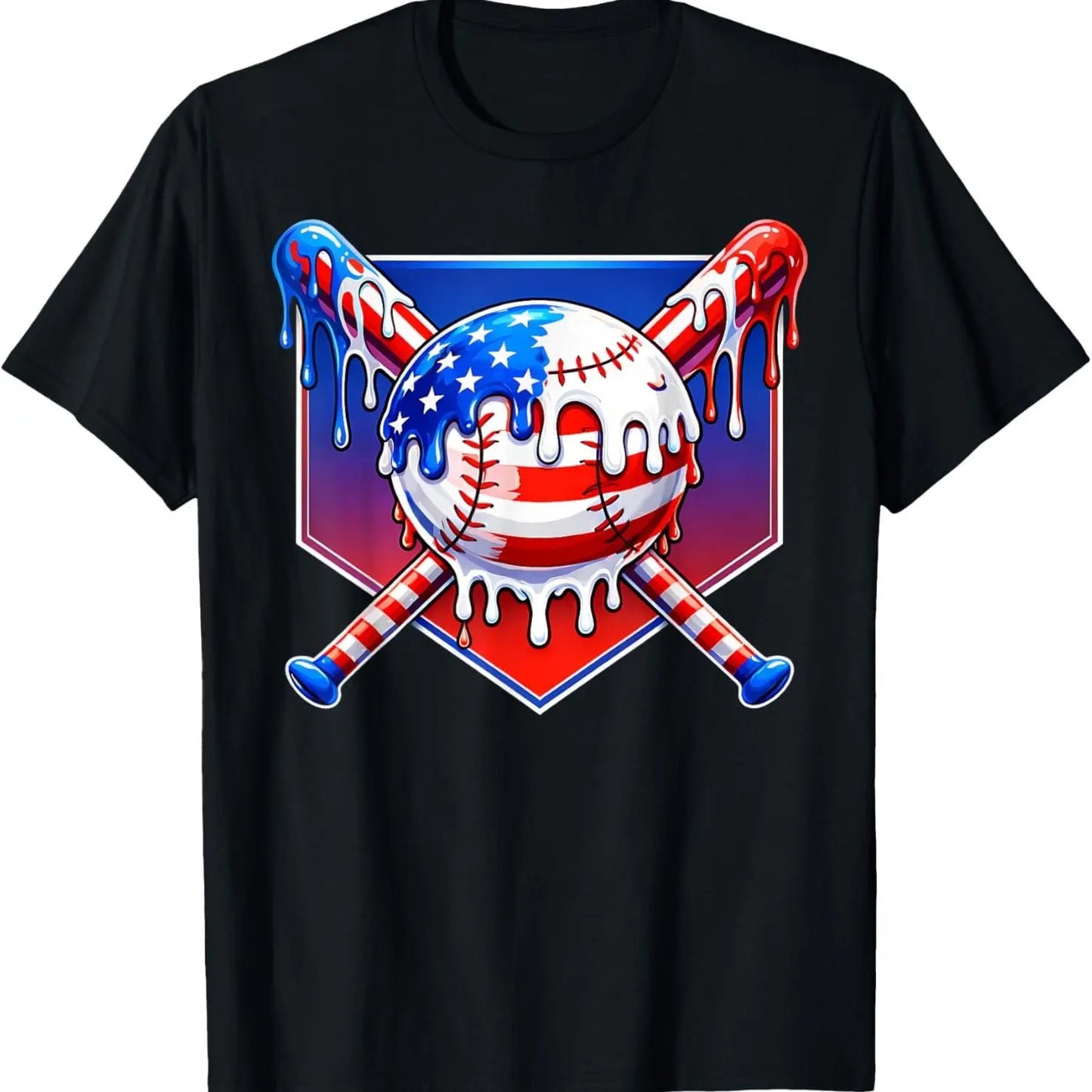 Baseball Drip Patriotic Ice Cream US Flag T-Shirt – Funny 4th of July Sports Graphic Tee