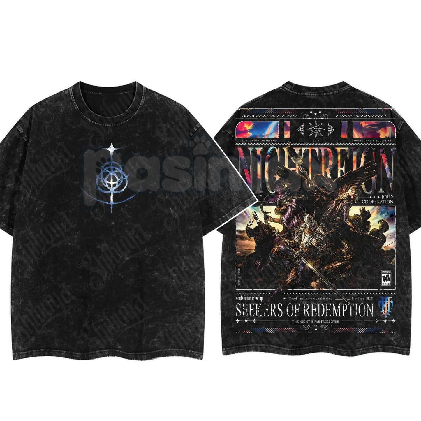 Elden Ring Limited Edition Double-Printed T-Shirt – Oversized Acid Washed Graphic Tee, Lightweight Cotton Anime Streetwear