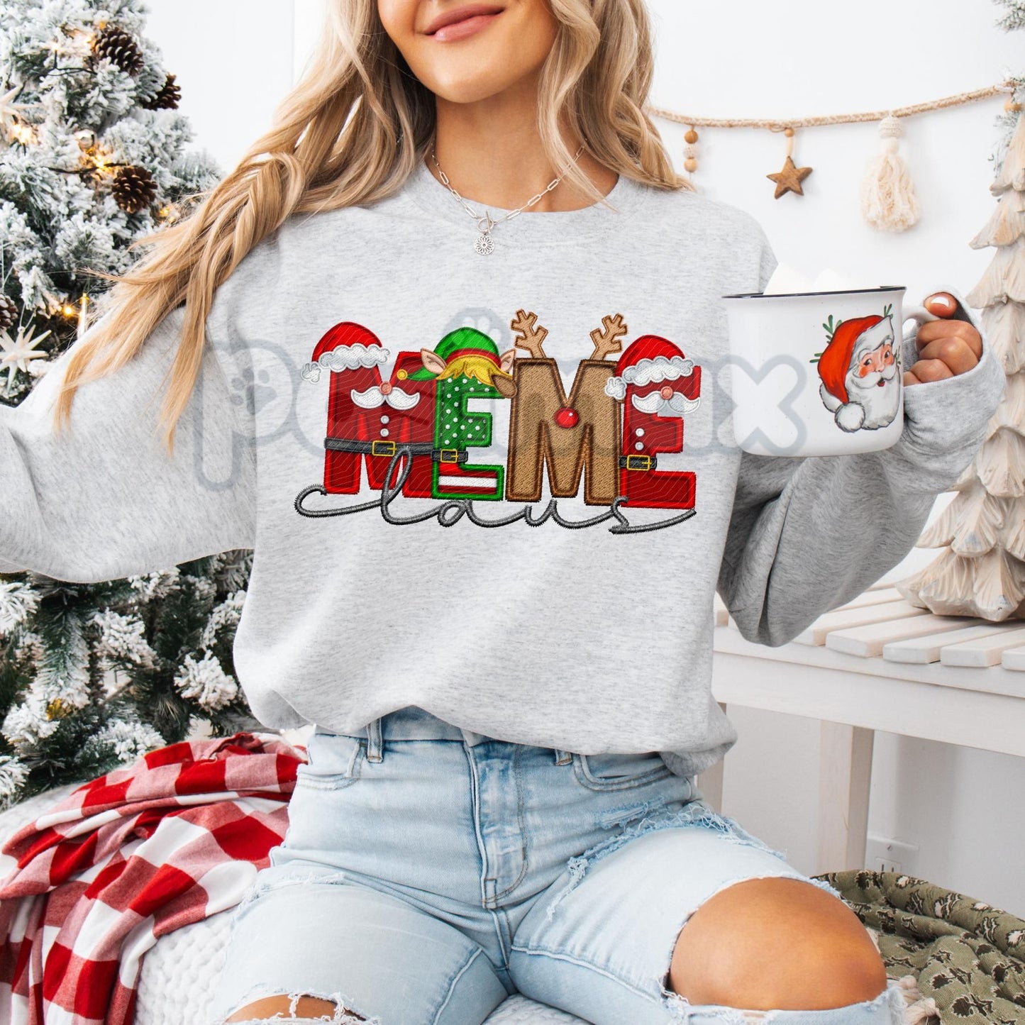 Unisex Faux Embroidery "Claus" Christmas Sweatshirt – Festive Holiday Pullover