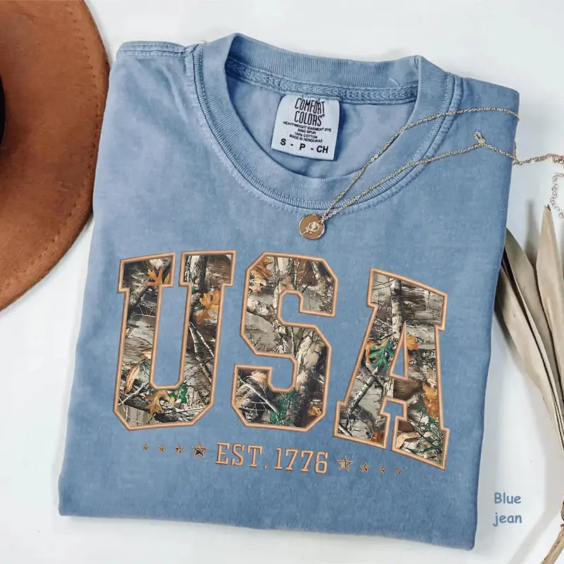 Comfort Colors® Vintage Camo USA T-Shirt – Retro 4th of July Hunting Graphic Tee, Aesthetic Patriotic Outdoorsman Independence Day Gift Top