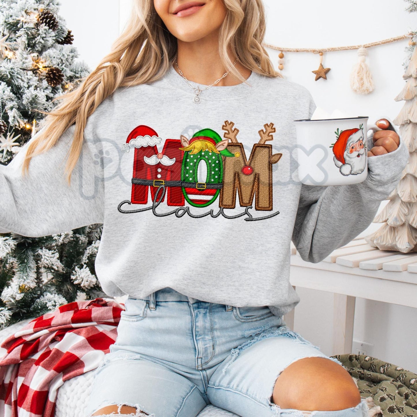 Unisex Faux Embroidery "Claus" Christmas Sweatshirt – Festive Holiday Pullover