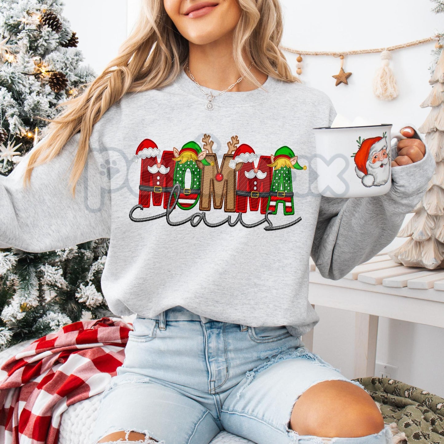 Unisex Faux Embroidery "Claus" Christmas Sweatshirt – Festive Holiday Pullover