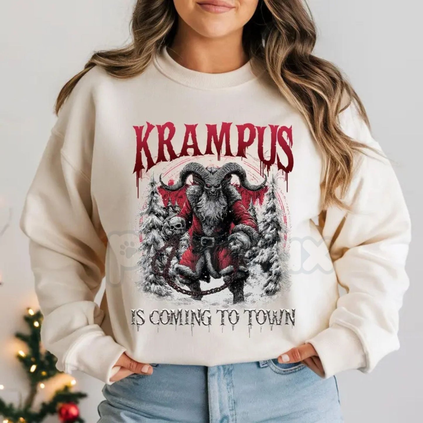 Retro Krampus Ugly Sweater Crewneck | Vintage Krampus Is Coming Jumper | Funny 80s Spooky Christmas Shirt | Alternative Holiday Gift