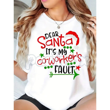 "Dear Santa It's My Coworker's Fault" T-Shirt - Funny Office Christmas Gift Women Plus Size, Santa Hat Print Holiday Tee, Workplace Humor Apparel
