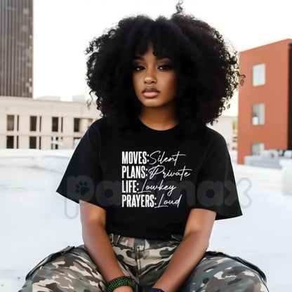 "Moves, Plans, Life, Prayers" T-Shirt - Modern Christian Lifestyle Tee, Faith-Based Goal Setter Shirt, Inspirational Daily Prayer Graphic Tee
