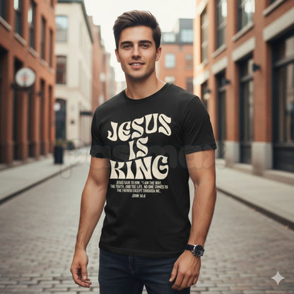 "Jesus Is King" John 14:6 Bible Verse T-Shirt - Christian Faith Graphic Tee, Premium 100% Cotton Scripture Shirt, The Way The Truth The Life Religious Top, Modern Worship Apparel, Inspirational Gospel Witness Shirt