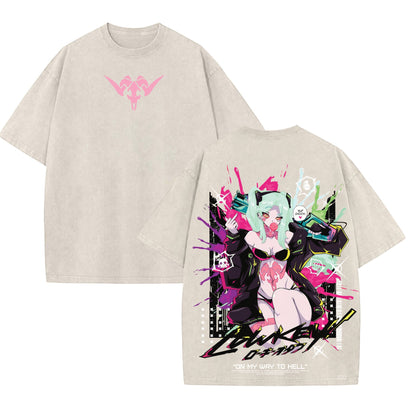 Cyberpunk Edgerunners Rebecca Tee – Acid Washed Double Print Heavyweight Anime Shirt