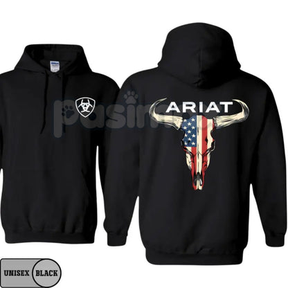Ariat Hoodie – American Flag Bull Skull Western Cowboy Pullover, Patriotic & Rustic Outdoors Apparel, Unisex
