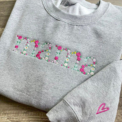 Custom Embroidered Floral Mama Sweatshirt - Hoodie with Names on The Sleeve, Mother's Day Gift Ideas