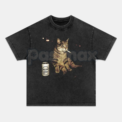 Wacky Cat Printed Design Unisex Oversized T-Shirt – Vintage Washed Graphic Crew Neck Tee