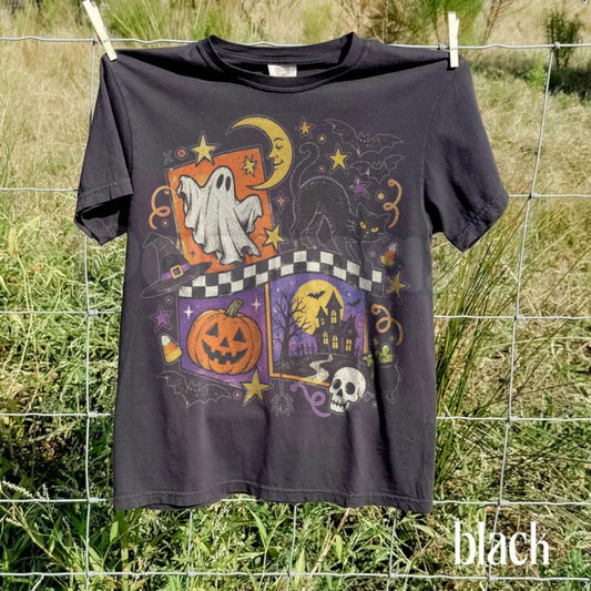 Comfort Colors® Vintage Halloween Black Cat Skull T-Shirt – Retro Spooky Season Graphic Tee, Gothic Autumn Unisex Top & Gift-Pasimax