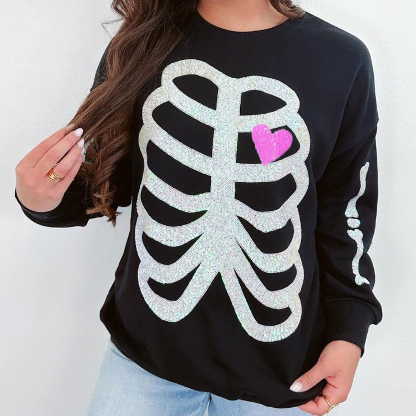 Sequin Skeleton Halloween Sweatshirt for Women – Spooky Casual Crew Neck Pullover, Long Sleeve Fall Streetwear