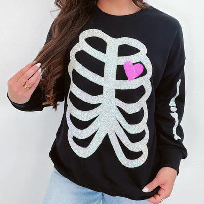 Sequin Skeleton Halloween Sweatshirt for Women – Spooky Casual Crew Neck Pullover, Long Sleeve Fall Streetwear