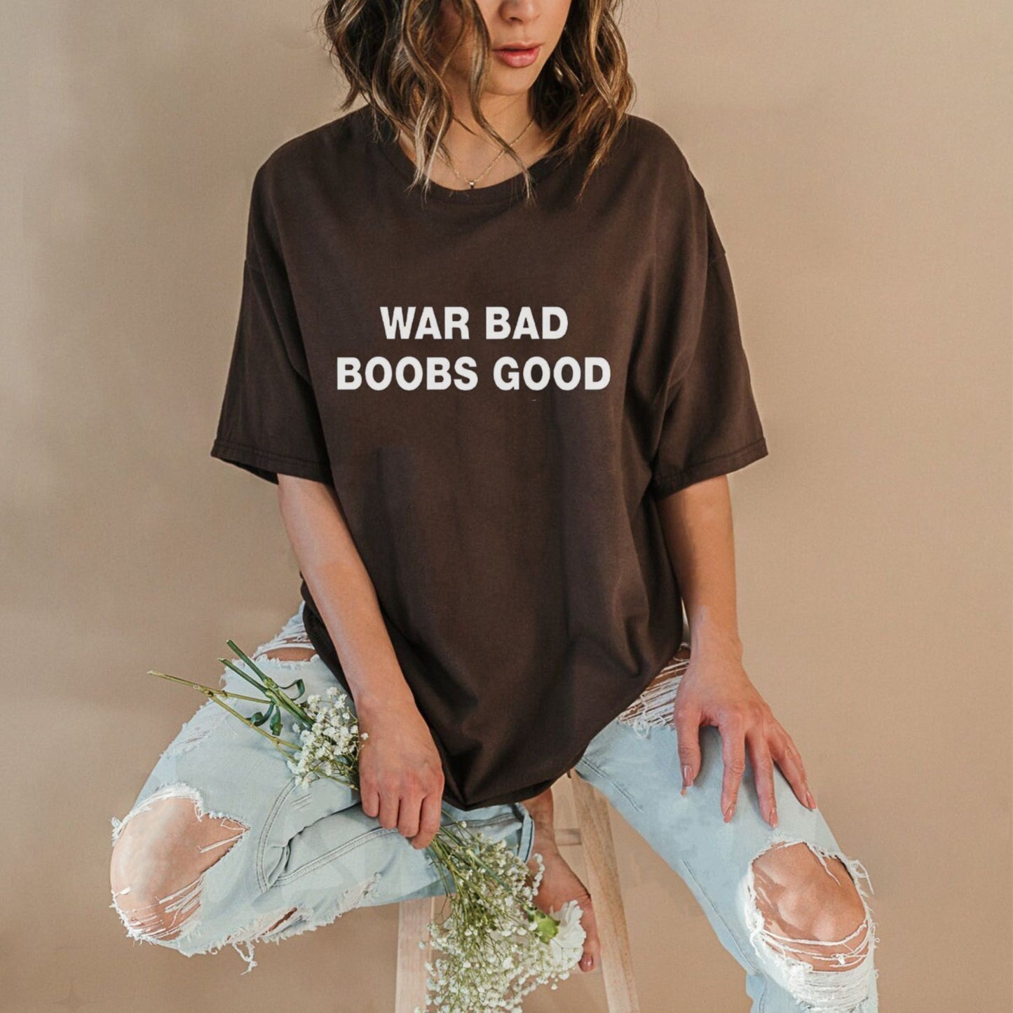 "War Bad, Boobs Good" Classic T-Shirt - Retro Black Tee, Unisex Funny Statement Shirt