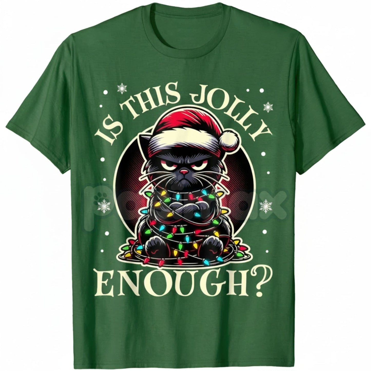 "Is This Jolly Enough" Funny Black Cat Christmas T-Shirt - Cat Tangled in Lights Meme Tee, Sarcastic Holiday Pet Owner Gift, Feline Christmas Chaos Apparel