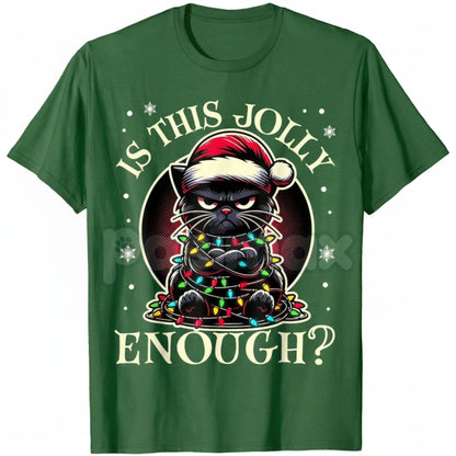 "Is This Jolly Enough" Funny Black Cat Christmas T-Shirt - Cat Tangled in Lights Meme Tee, Sarcastic Holiday Pet Owner Gift, Feline Christmas Chaos Apparel