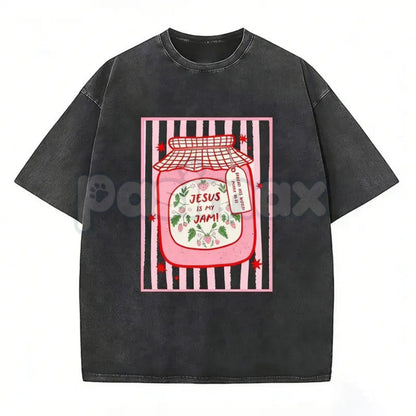 Jesus Is My Jam Strawberry Jam Jar T-Shirt – Pink Washed Christian Graphic Tee, Lightweight "Make His Mercy Known" Faith Top