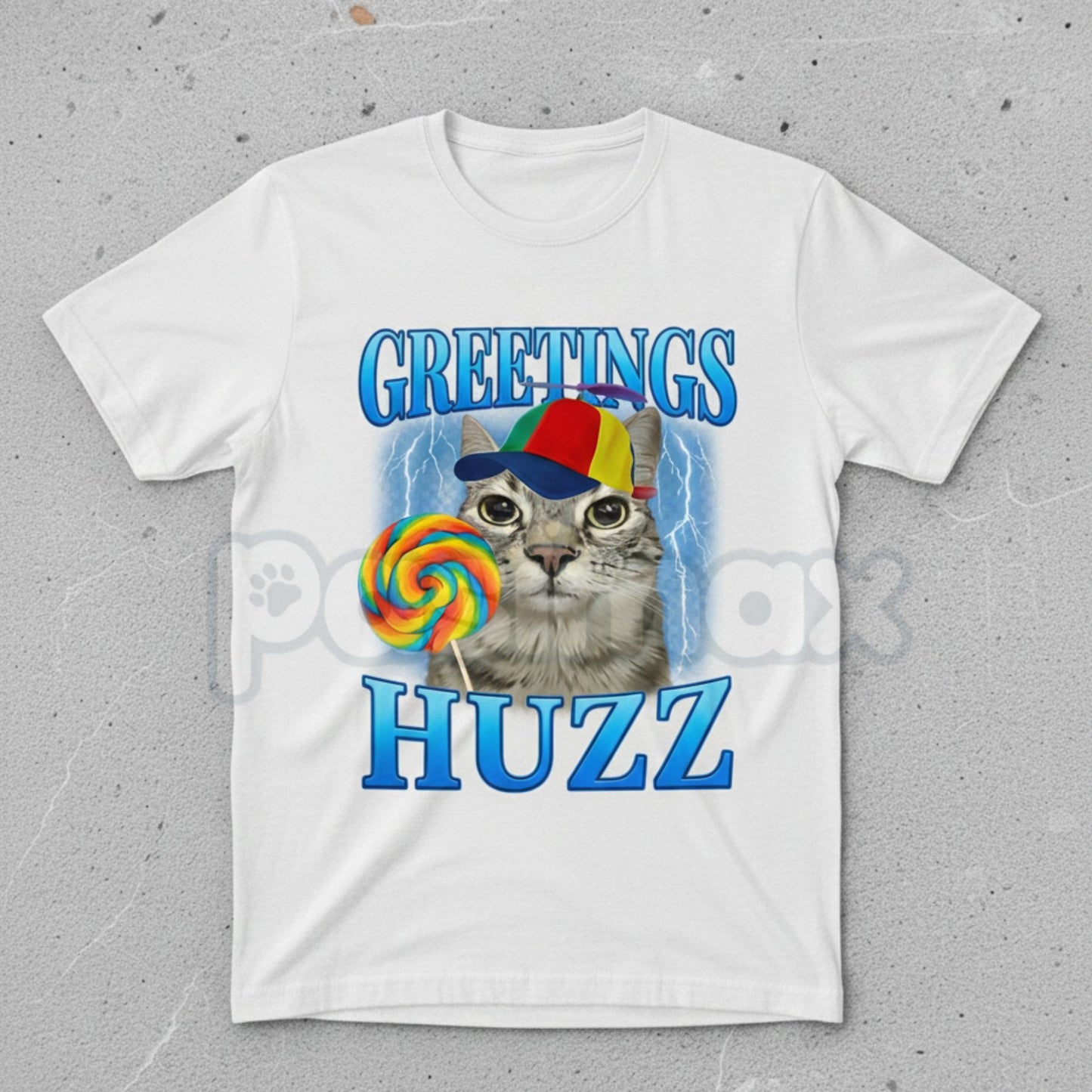 "Greetings Huzz" Lollipop Cat Meme T-Shirt - Funny Silly Brainrot Cat Tee, Viral Internet Humor Graphic Shirt, Ironic Gen Alpha Slang Fan Gift