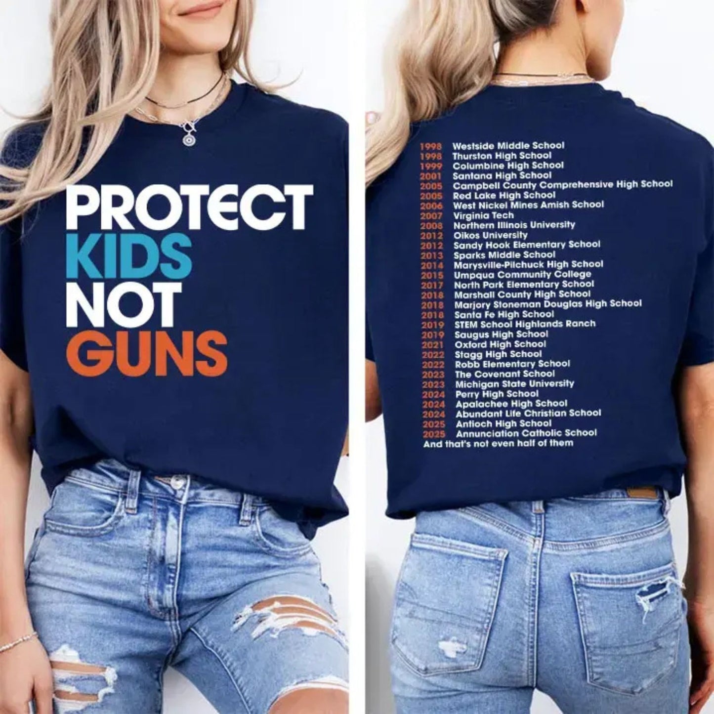 "Protect Kids Not Guns" T-Shirt - 2 Sided "Thoughts and Prayers" Tee, End Gun Violence Apparel
