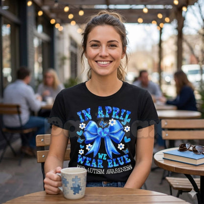 "April We Wear Blue" Autism Awareness T-Shirt – Coquette Bow Puzzle Piece Graphic Tee, Premium 100% Cotton Neurodiversity Top, Soft Lived-In Heavyweight Acceptance Month Shirt, Made in USA
