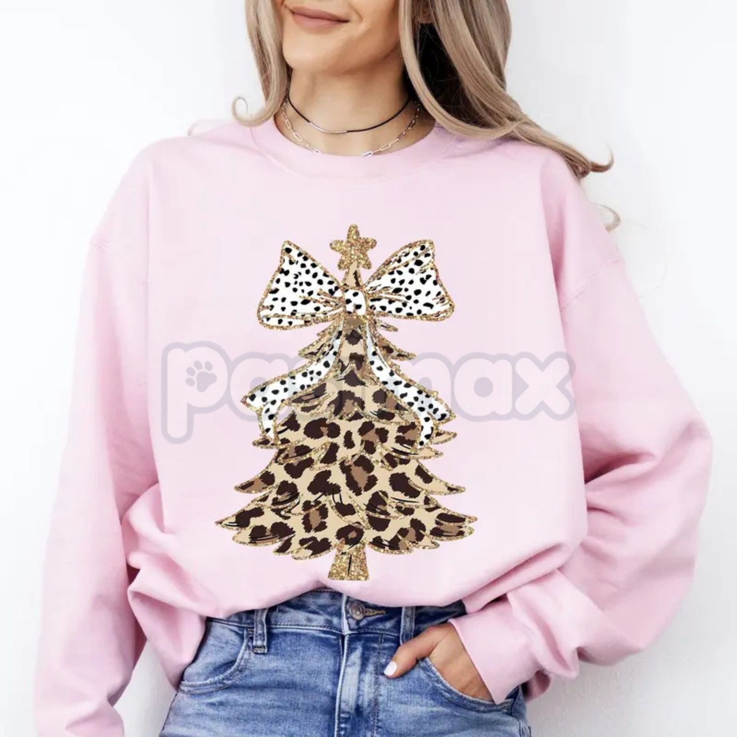 Leopard Print Christmas Tree & Dalmatian Bow Sweatshirt | Girly Cute Santa Holiday Jumper | Trendy Animal Print Xmas Crewneck